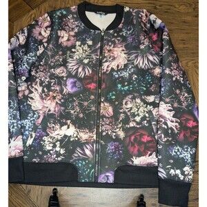 Bebe Sport Black Pink Floral Full Zip Designer Jacket Rhinestone Women 1X